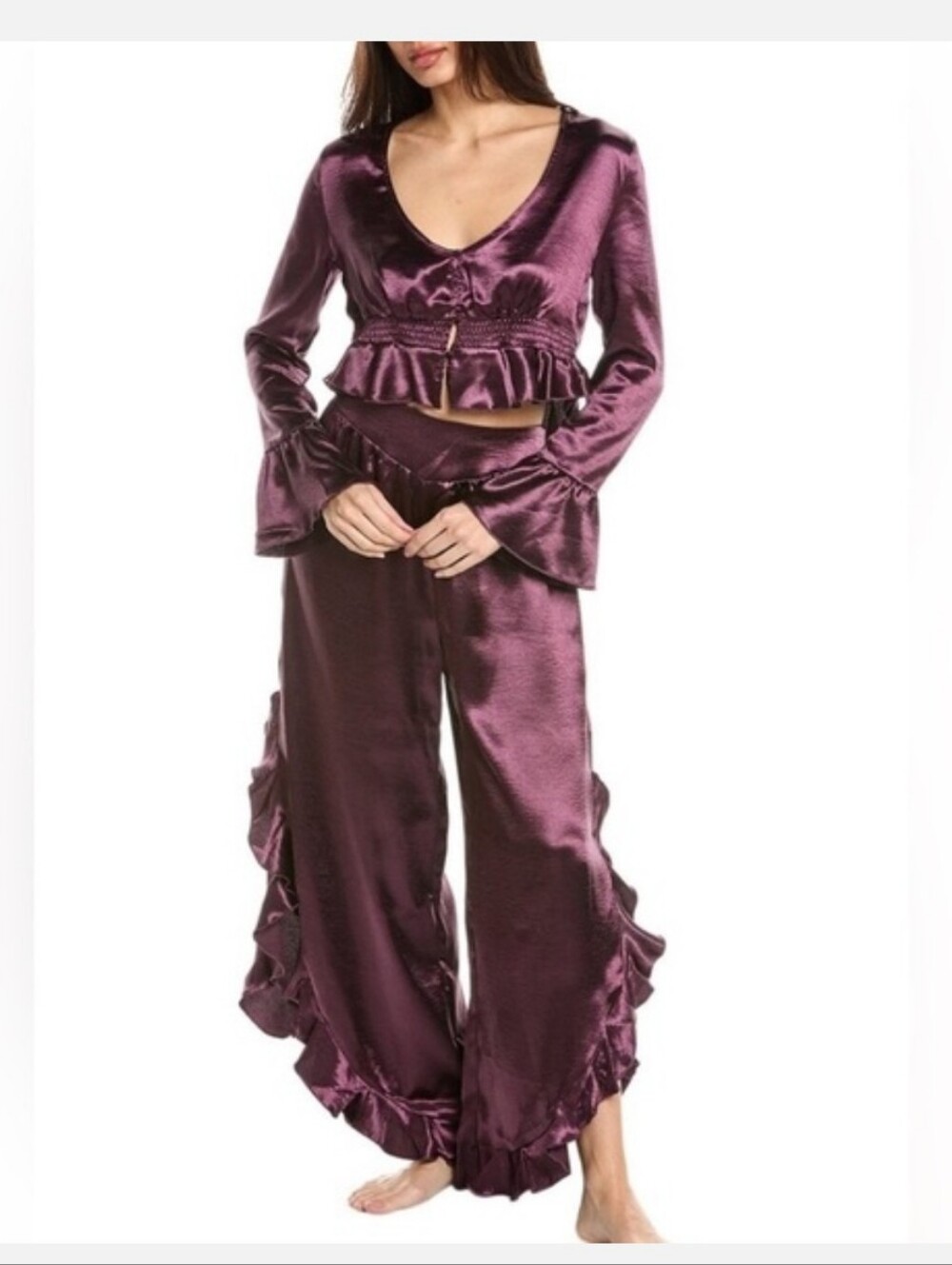NWT Free People XS Chasing Love Ruffle Satin Lounge Set